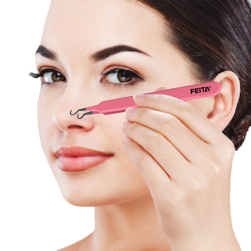FEITA Blackhead Acne Extraction Tweezers - FEITA Pro & Surgical-Grade Stainless Steel Bend Curved Comedone Extractor Tweezer Tool for Remove Whitehead and Clogged Pores, Pimple - Pink - Image 3